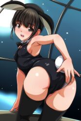 Rule 34 | 1girl, animal ears, ass, black bow, black bowtie, black hair, black leotard, black thighhighs, blush, bow, bowtie, breasts, brown eyes, clothing aside, detached collar, fake animal ears, fake tail, from behind, grey panties, highres, leotard, leotard aside, looking at viewer, looking back, matsunaga kouyou, night, night sky, open mouth, panties, playboy bunny, rabbit ears, rabbit girl, rabbit tail, short hair, sky, small breasts, smile, standing, star (sky), starry sky, tail, teeth, thighhighs, underwear, window