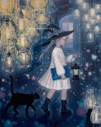 Rule 34 | 1girl, black cat, black footwear, black hat, book, boots, braid, braided ponytail, bug, butterfly, cat, child, commentary request, dress, full body, grey hair, hallway, hat, highres, holding, holding book, holding lantern, insect, lamp, lantern, long hair, long sleeves, oil lamp, oil painting (medium), original, painting (medium), profile, ringodrawing, solo, traditional media, walking, white dress, witch hat