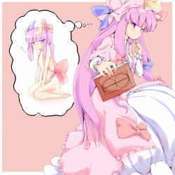 Rule 34 | 1girl, alternate hairstyle, book, capelet, coat, coo (coonekocoo), crescent, dress, female focus, hair ornament, hair ribbon, hat, highres, long hair, long sleeves, naked ribbon, open clothes, open coat, patchouli knowledge, pink background, purple eyes, purple hair, ribbon, simple background, sitting, solo, striped clothes, striped dress, thinking, touhou, twintails, very long hair, white dress