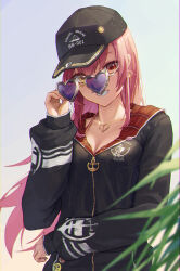 Rule 34 | 1girl, anchor print, baseball cap, black hat, black sweater, breasts, cleavage, day, grin, hat, heart, heart-shaped eyewear, heterochromia, highres, hololive, houshou marine, houshou marine (summer), jewelry, long hair, looking at viewer, medium breasts, naxile, necklace, outdoors, pink hair, red eyes, smile, solo, sunglasses, sweater, tinted eyewear, upper body, virtual youtuber, yellow eyes