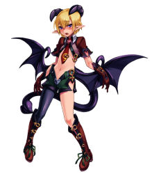 Rule 34 | 1girl, alp (monster girl encyclopedia), androgynous, asymmetrical clothes, blonde hair, blush, boots, character profile, demon tail, demon wings, female focus, flat chest, gloves, horns, kenkou cross, knee boots, looking at viewer, low wings, midriff, monster girl, monster girl encyclopedia, navel, open mouth, pointy ears, purple eyes, purple horns, purple tail, purple wings, reverse trap, short hair, single thighhigh, solo, tail, thick tail, thighhighs, white background, wings