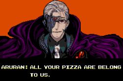 Rule 34 | 1boy, all your base are belong to us (meme), arurandeisu, black shirt, cape, collared shirt, commentary, eddie (fallenleafeddie), english commentary, english text, engrish text, formal, glasses, green jacket, holostars, jacket, meme, necktie, one eye covered, pixel art, purple cape, ranguage, red eyes, shirt, solo, suit, upper body, virtual youtuber, white necktie, zero wing
