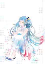 Rule 34 | 1girl, aqua hair, bow, breasts, closed eyes, closed mouth, commentary, dress, english commentary, full body, hair between eyes, hair bow, hatsune miku, highres, long hair, medium breasts, multicolored bow, say hana, smile, solo, tears, translation request, twintails, very long hair, vocaloid, white footwear