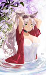 Rule 34 | 1girl, absurdres, animal ears, arknights, arms up, artist name, black choker, blush, bracelet, breasts, choker, cleavage, dated, deer ears, dutou, earrings, eyelashes, eyewear on head, flower, gitano (arknights), gitano (unknown journey) (arknights), green eyes, hair between eyes, hands in hair, highres, jacket, jewelry, large breasts, lips, lipstick, long hair, looking at viewer, makeup, mole, mole under mouth, off-shoulder shirt, off shoulder, official alternate costume, open clothes, open jacket, outdoors, parted bangs, parted lips, partially submerged, plant, ponytail, red jacket, ripples, shirt, silver hair, smile, solo, sunglasses, sunglasses on head, twitter username, upper body, wet, wet clothes, wet hair, wet shirt, white shirt