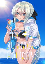 Rule 34 | 1girl, akio (akio1124), bendy straw, bikini, black bow, blue eyes, blue hawaii, bow, braid, cernunnos (fate), cocktail, cocktail glass, cocktail shaker, cocktail umbrella, cup, drink, drinking glass, drinking straw, fate/grand order, fate (series), food, french braid, fruit, glass, highres, jacket, jacket on shoulders, long sleeves, morgan le fay (fate), open clothes, open jacket, orange (fruit), orange slice, smile, solo, swimsuit, white jacket