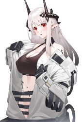 Rule 34 | 1girl, arknights, bandages, bare shoulders, black gloves, blush, breasts, cleavage, commentary request, gloves, groin, highres, horns, large breasts, long hair, long sleeves, looking at viewer, material growth, mudrock (arknights), mudrock (elite ii) (arknights), off shoulder, open clothes, oripathy lesion (arknights), parted lips, pointy ears, raitho, red eyes, sarashi, silver hair, simple background, solo, sports bra, upper body, white background