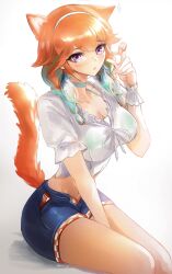 Rule 34 | 1girl, animal ears, between legs, blue shorts, braid, breasts, cat ears, cat girl, cat tail, choker, cleavage, feathers, green choker, green feathers, green hair, hairband, hand between legs, hand up, highres, hololive, hololive english, large breasts, looking at viewer, midriff, multicolored hair, navel, open fly, orange hair, parted lips, pink eyes, shirt, shorts, sitting, solo, stomach, tail, takanashi kiara, takanashi kiara (casual), thighs, tommy (kingdukeee), twin braids, two-tone hair, virtual youtuber, white hairband, white shirt