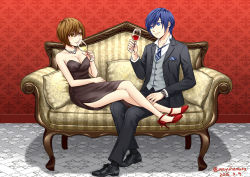 Rule 34 | 10s, 1boy, 1girl, 2016, alcohol, alternate costume, bare arms, bare legs, bare shoulders, black dress, breasts, brown eyes, brown hair, cleavage, couch, couple, crossed legs, cup, dated, dress, drink, drinking glass, eye contact, formal, full body, hair between eyes, hamura mayu, high heels, holding, jewelry, kaito (vocaloid), legs, looking at another, meiko (vocaloid), nail polish, neck, necklace, necktie, pants, shoes, short hair, side slit, sitting, smile, strapless, strapless dress, suit, twitter username, vest, vocaloid, watch, wine, wine glass, wristwatch, yellow eyes