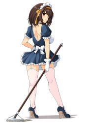 Rule 34 | 1girl, alternate costume, apron, backless dress, backless outfit, blue dress, brown eyes, brown hair, commentary request, dress, frilled apron, frilled dress, frills, from behind, full body, garter straps, hairband, haruhisky, highres, looking at viewer, looking back, maid, maid headdress, mop, orange hairband, short hair, simple background, solo, standing, suzumiya haruhi, suzumiya haruhi no yuuutsu, thighhighs, white apron, white background, white thighhighs