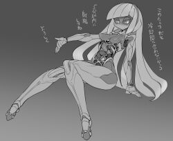 Rule 34 | 1girl, alma (pochincoff), android, blunt bangs, diagonal bangs, grey background, greyscale, invisible chair, knees together feet apart, long hair, looking at viewer, mechanical parts, monochrome, nipples, no mouth, nude, original, pochincoff, pointy breasts, robot, sitting, solo, translation request, very long hair