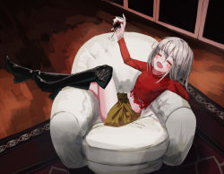 Rule 34 | 1girl, :d, absurdres, alcohol, armchair, bad id, bad twitter id, blush, boots, chair, closed eyes, cup, dot nose, drinking glass, from side, gishiki (gshk), grey hair, hand up, high heel boots, high heels, highres, holding, knee boots, long sleeves, miniskirt, open mouth, original, red sweater, sitting, sitting sideways, skirt, smile, solo, sweater, torn clothes, torn sweater, wine, wine glass, yellow skirt