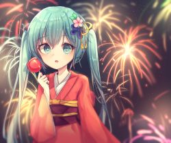 Rule 34 | 1girl, aerial fireworks, aqua eyes, aqua hair, candy apple, fireworks, flower, food, hair flower, hair ornament, hatsune miku, highres, holding, holding food, ille (xcpa7325), japanese clothes, kimono, long hair, looking at viewer, night, night sky, parted lips, pink flower, purple flower, red kimono, sky, solo, star (sky), starry sky, tassel, twintails, upper body, very long hair, vocaloid