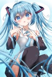 Rule 34 | 1girl, absurdres, ahoge, bare shoulders, black skirt, black thighhighs, blue background, blue eyes, blue hair, blue nails, blue necktie, blush, breasts, collared shirt, commentary, detached sleeves, feet out of frame, fingernails, gradient background, grey shirt, hair between eyes, hair ornament, hands up, hatsune miku, heart, heart ahoge, heart hands, heart in eye, highres, kayon (touzoku), long hair, long sleeves, looking at viewer, medium breasts, miniskirt, nail polish, necktie, open mouth, shirt, sitting, skirt, sleeveless, sleeveless shirt, solo, square hair ornament, sweat, sweatdrop, symbol in eye, thighhighs, twintails, vocaloid, white background, wide sleeves