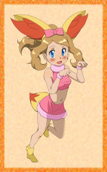 Rule 34 | 1girl, alternate costume, animal ears, blonde hair, blue eyes, blush, breasts, cosplay, covered erect nipples, creatures (company), eyelashes, fake animal ears, fake tail, fennekin, fennekin (cosplay), fox ears, fox tail, game freak, gen 6 pokemon, hamu (sanosano), highres, long hair, navel, nintendo, open mouth, orange background, pink ribbon, pink scrunchie, pink skirt, pink top, pokemon, pokemon (anime), pokemon xy (anime), ribbon, scrunchie, serena (pokemon), skirt, small breasts, smile, solo, standing, standing on one leg, tail, wrist scrunchie, yellow footwear