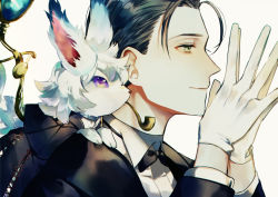 Rule 34 | 1boy, absurdres, albino (a1b1n0623), bad id, bad pixiv id, black hair, black suit, bow, bowtie, creature, fate/grand order, fate (series), formal, fou (fate), from side, gloves, green eyes, hair slicked back, highres, huge filesize, long sleeves, magnifying glass, male focus, parted bangs, pipe in mouth, sherlock holmes (fate), shirt, smile, smoking pipe, solo, suit, upper body, white background, white shirt
