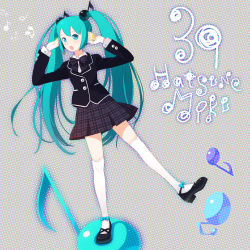 Rule 34 | 1girl, 39, ankle strap, aqua eyes, aqua hair, bad id, bad pixiv id, bow, bowtie, character name, hatsune miku, headphones, kneehighs, kokudou juunigou, long hair, mary janes, musical note, open mouth, shoes, skirt, socks, solo, thighhighs, twintails, very long hair, vocaloid, white socks, white thighhighs