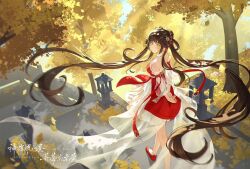 Rule 34 | 1girl, arms behind back, backless dress, backless outfit, bare legs, brown hair, closed mouth, double bun, dress, hair bun, hair ornament, hair rings, highres, huo linger (wanmei shijie), light rays, long hair, naglus, red dress, red footwear, smile, solo, temple, tree, very long hair, wanmei shijie, watching, yellow eyes