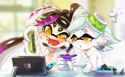 Rule 34 | + +, 2girls, artist name, black hair, blurry, brown eyes, callie (splatoon), chichi band, cousins, depth of field, detached collar, earrings, fangs, food, gloves, grey hair, inkling, jewelry, long hair, marie (splatoon), mask, mole, mole under eye, multiple girls, nintendo, nintendo switch, open mouth, parted lips, pointy ears, short hair, sitting, strapless, sushi, tentacle hair, watermark, white gloves