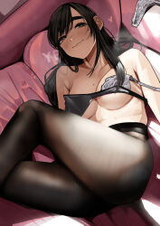 Rule 34 | 1girl, absurdres, ass, black hair, black pantyhose, blush, bra, breasts, brown eyes, cleavage, closed mouth, collarbone, feet out of frame, ganbare douki-chan, grey bra, heart, highres, kouhai-chan (douki-chan), large breasts, long hair, looking at viewer, lying, mole, mole on breast, mole under eye, on back, pantyhose, pupi (rain prophet), smile, solo, steaming body, strap slip, thighs, underboob, underwear, yes, yes-no pillow