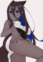 Rule 34 | 1girl, animal ears, ass, blue eyes, corset, dark skin, dark-skinned female, e draw paint, female focus, grin, hair between eyes, highres, long hair, multicolored hair, original, short shorts, shorts, simple background, smile, solo, tail, thighs, wasabi iii, white background