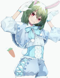 Rule 34 | 1girl, absurdres, animal ears, arms up, blue capelet, blush, capelet, carrot, cross-laced clothes, cross-laced shorts, green hair, grin, head tilt, highres, idolmaster, idolmaster million live!, looking at viewer, medium hair, nagayoshi subaru, neck ribbon, rabbit ears, rabbit tail, red eyes, ribbon, ryourin, shorts, simple background, smile, solo, tail, white background