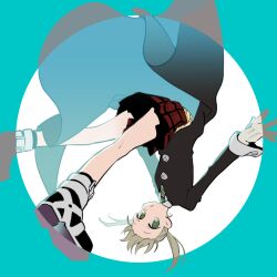 Rule 34 | 1girl, 4lily, aqua eyes, aqua necktie, full body, gloves, grey hair, highres, long hair, long sleeves, looking at viewer, maka albarn, necktie, open mouth, plaid, plaid skirt, red skirt, school uniform, skirt, solo, soul eater, standing, striped necktie, twintails, white gloves