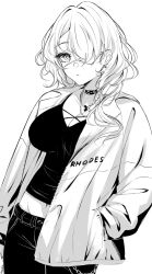Rule 34 | 1girl, alternate costume, arknights, breasts, choker, cleavage, commentary, cowboy shot, crop top, eyepatch, hair over one eye, highres, jacket, large breasts, long hair, long sleeves, midriff, monochrome, navel, open clothes, open jacket, pants, solo, standing, whisperain (arknights), xooku
