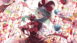 Rule 34 | 1girl, :d, blurry, blurry foreground, bow, commentary request, depth of field, dress, flower knot, frills, front ponytail, green eyes, green hair, green nails, hair bow, hair ribbon, highres, kagiyama hina, long hair, looking at viewer, nail polish, open mouth, puffy short sleeves, puffy sleeves, red bow, red dress, red ribbon, ribbon, short sleeves, simple background, smile, solo, standing, tassel, touhou, toutenkou, upper body, white background