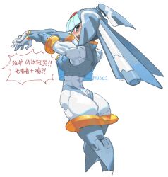 Rule 34 | andorlier, android, armor, ass, blue armor, blue eyes, blue footwear, blush, boots, commentary request, crop top, fairy leviathan (mega man), forehead jewel, from behind, helmet, high heel boots, high heels, highres, holding, holding polearm, holding weapon, looking at viewer, looking back, mega man (series), mega man zero (series), open mouth, polearm, robot girl, see-through, simple background, stretching, thigh boots, translation request, weapon, white background