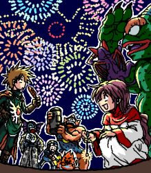 Rule 34 | 1girl, 2boys, :d, ^ ^, aerial fireworks, atlas (dragon quest), bare shoulders, bazuzu, belt, bodysuit, boots, cape, chunsoft, closed eyes, colored skin, corn dog, cyclops, dragon, dragon quest, dragon quest ii, enix, fire, fireworks, flame (dragon quest, food, gloves, goggles, goggles on headwear, green skin, hanbu hantarou, hand fan, hand on own hip, hand on own knee, hargon, head wings, holding, horns, japanese clothes, kimono, laughing, long hair, long sleeves, looking up, lowres, monster, monster request, multiple boys, muscular, night, night sky, oekaki, one-eyed, open mouth, outdoors, outline, paper fan, prince of lorasia, prince of samantoria, princess of moonbrook, purple hair, robe, shading eyes, short hair, sidoh, single horn, size difference, sky, smile, sparkler, spiked hair, squatting, standing, tabard, tunic, turtleneck, very long hair, wavy hair, wide sleeves, wings, yukata