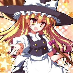 Rule 34 | 1girl, bad id, bad pixiv id, blonde hair, bow, braid, broom, female focus, fuepo, hair bow, halftone, halftone background, hat, kirisame marisa, long hair, solo, touhou, witch, witch hat, yellow eyes