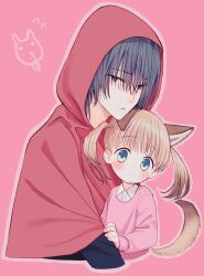Rule 34 | 1boy, 1girl, age difference, animal ears, black eyes, black hair, blue eyes, blush, brown hair, capelet, couple, cropped torso, hetero, highres, hood, hooded capelet, light brown hair, little red riding hood, looking at viewer, multicolored hair, original, pink sweater, red capelet, red hood, streaked hair, sweater, tail, upper body, waramugu, wolf ears, wolf girl, wolf tail