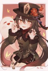 Rule 34 | 1girl, black hat, black nails, blush, border, brown hair, brown jacket, brown shorts, bug, butterfly, character name, claw pose, fang, flower, flower-shaped pupils, genshin impact, ghost, hair between eyes, hat, hat flower, highres, hu tao (genshin impact), insect, jacket, jewelry, long hair, long sleeves, looking at viewer, nail polish, open mouth, outside border, red eyes, ring, shorts, skin fang, smile, solo, symbol-shaped pupils, tokkyu, twintails, very long hair, white border