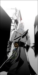 Rule 34 | 1boy, altair ibn la-ahad, assassin&#039;s creed, assassin&#039;s creed (series), gloves, greyscale, hood, knife, male focus, monochrome, sheath, sheathed, solo, vambraces, weapon, weapon on back