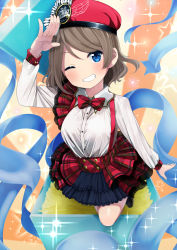 Rule 34 | 1girl, beret, bowtie, collared shirt, frilled skirt, frills, genki zenkai day! day! day!, grey hair, grin, hat, highres, jumping, long sleeves, love live!, love live! sunshine!!, one eye closed, plaid, plaid bow, plaid bowtie, plaid neckwear, salute, shirt, short hair, skirt, smile, solo, sparkle, streamers, suspender skirt, suspenders, watanabe you, yuama (drop)
