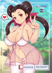 Rule 34 | 1girl, absurdres, bra, breasts, brown hair, cleavage, creatures (company), game freak, gym leader, hand on own hip, highres, large breasts, legs, lingerie, lipstick, long hair, looking at viewer, makeup, misune art, navel, nintendo, panties, pink bra, pink lips, pink panties, pokemon, pokemon rse, red eyes, roxanne (pokemon), smile, solo, thighhighs, thighs, twintails, underwear, v
