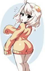Rule 34 | ass, egg (food), egg (lemyawn), egg yolk, food, highres, looking at viewer, non-web source, shiny clothes, short hair, sweater