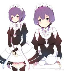 Rule 34 | 1girl, artist name, bernadetta von varley, black gloves, breasts, cowboy shot, cup, dress, fingerless gloves, fire emblem, fire emblem: three houses, fire emblem fates, fruitfroze, gloves, grey eyes, hand on own arm, high collar, highres, holding, holding tray, jewelry, maid, maid headdress, messy hair, nervous, nervous smile, nintendo, purple hair, ribbon, short hair, sleeve cuffs, small breasts, smile, teacup, teapot, thighhighs, tray, twitter username, white background, zettai ryouiki