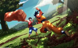 Rule 34 | 2boys, black hair, blood, boots, clenched hand, cliff, crossover, dragon ball, fighting, grass, male focus, monkey d. luffy, multiple boys, one piece, outdoors, red vest, rubber, sandals, sky, son goku, tree, vest