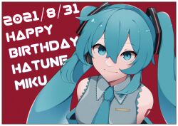 Rule 34 | 1girl, absurdres, blue eyes, blue hair, blue necktie, border, breasts, character name, closed mouth, collared shirt, commentary request, grey shirt, hair between eyes, happy birthday, hatsune miku, highres, long bangs, long hair, looking at viewer, medium breasts, necktie, red background, shirt, simple background, sleeveless, sleeveless shirt, smile, solo, twintails, upper body, uziki ntoki, very long hair, vocaloid, white border
