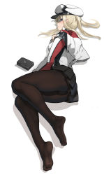 Rule 34 | 1girl, ayakumo, black pantyhose, black skirt, blonde hair, blue eyes, breasts, capelet, celtic knot, graf zeppelin (kancolle), highres, jacket, kantai collection, large breasts, long sleeves, lying, military, military uniform, miniskirt, on side, pantyhose, sidelocks, simple background, skirt, solo, twintails, uniform, white background, white capelet, white jacket