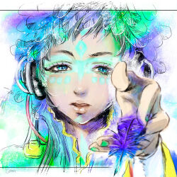 Rule 34 | 1other, androgynous, blue eyes, blue hair, cotori (globule), facepaint, facial mark, feathers, forehead mark, gnosia, green eyes, green hair, headphones, highres, long hair, long sleeves, looking at viewer, other focus, raqio, short hair, simple background, solo, tattoo, upper body
