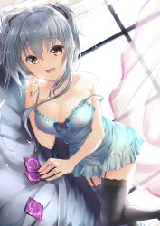 Rule 34 | 1girl, absurdres, babydoll, bad id, bad pixiv id, bed, bed sheet, black thighhighs, blue hair, breasts, cleavage, collarbone, condom, covered erect nipples, cowboy shot, curtains, dracu-riot!, dutch angle, elena olegovna owen, garter straps, hair intakes, hair ribbon, highres, indoors, looking at viewer, lying, on side, open mouth, orange eyes, ribbon, short hair, solo, spaghetti strap, strap slip, thighhighs, twintails, wakuta chisaki, window, yuzu-soft, zettai ryouiki
