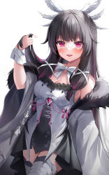 Rule 34 | 1girl, absurdres, black hair, blush, bow, bowtie, breasts, cleavage, coat, columbina (genshin impact), covered navel, cowboy shot, dress, eye mask, frilled dress, frills, fur-trimmed coat, fur trim, genshin impact, hair flaps, hair ornament, hand up, hasom, head wings, highres, holding, holding hair, long hair, looking at viewer, medium breasts, multicolored hair, off shoulder, open clothes, open coat, parted lips, red eyes, red hair, ribbon, see-through mask, sidelocks, simple background, smile, solo, streaked hair, teeth, thighhighs, thighlet, twintails, two-tone dress, two-tone hair, upper teeth only, white background, white bow, white bowtie, white coat, white dress, white ribbon, white wings, wide sleeves, wings, wrist ribbon, zettai ryouiki