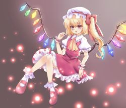 Rule 34 | 1girl, :d, ascot, blonde hair, bobby socks, collared shirt, commentary request, crystal, flandre scarlet, frilled shirt collar, frilled skirt, frilled sleeves, frills, full body, glowing, glowing wings, hair between eyes, hat, hat ribbon, highres, kmy0318, looking at viewer, mary janes, medium hair, mob cap, multicolored wings, open mouth, puffy short sleeves, puffy sleeves, red eyes, red footwear, red ribbon, red skirt, red vest, ribbon, shirt, shoes, short sleeves, side ponytail, simple background, skirt, skirt set, smile, socks, solo, touhou, vest, white hat, white shirt, white socks, wings, yellow ascot