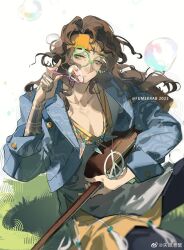 Rule 34 | 1boy, 2023, acoustic guitar, arm tattoo, artist name, blue jacket, blue pants, brown hair, bubble, blowing bubbles, bubble wand, cowboy shot, curly hair, diggers (reverse:1999), glasses, green-framed eyewear, green eyes, guitar, hippie, holding, holding instrument, holding wand, instrument, jacket, jewelry, krab (fumekrab), long hair, looking at viewer, male focus, necklace, novelty glasses, on grass, pants, peace symbol, reverse:1999, shirt, sitting, solo, tattoo, wand, weibo watermark, white shirt