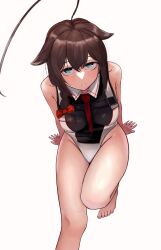 Rule 34 | 1girl, absurdres, adapted costume, ahoge, barefoot, black hair, black leotard, blue eyes, braid, gurunomaru, hair flaps, hair over shoulder, hashtag-only commentary, highres, huge ahoge, kantai collection, leotard, long hair, looking at viewer, necktie, red necktie, shigure (kancolle), simple background, single braid, solo, white background