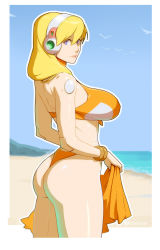 Rule 34 | 1girl, absurdres, alia (mega man), ass, beach, bikini, blonde hair, border, breasts, commentary, day, from side, hair over shoulder, headphones, highleg, highleg bikini, highres, holding, huge breasts, joints, long hair, looking at viewer, looking to the side, materclaws, mega man (series), mega man x (series), mega man x dive, navigator, orange bikini, outdoors, parted lips, purple eyes, robot joints, sand, smile, solo, swimsuit, thong bikini, white border