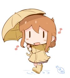 Rule 34 | 10s, 1girl, blush stickers, boots, brown hair, chibi, commentary request, folded ponytail, hanomido, inazuma (kancolle), kantai collection, musical note, open mouth, raincoat, rubber boots, simple background, solid eyes, solo, umbrella, white background, yellow umbrella, | |