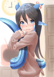 Rule 34 | 1girl, analog clock, bad id, bad pixiv id, black hair, blue eyes, blurry, blurry background, blush, bow, clock, dragon girl, dragon horns, dragon tail, embarrassed, facial mark, hair between eyes, horn ornament, horn ribbon, horns, hugging own tail, hugging tail, indoors, kagarimachi konatsu, leaf-chan, long hair, looking at viewer, nose blush, original, pajamas, pointy ears, ribbon, scales, sleeves past wrists, solo, tail, upper body, wall clock, wavy mouth
